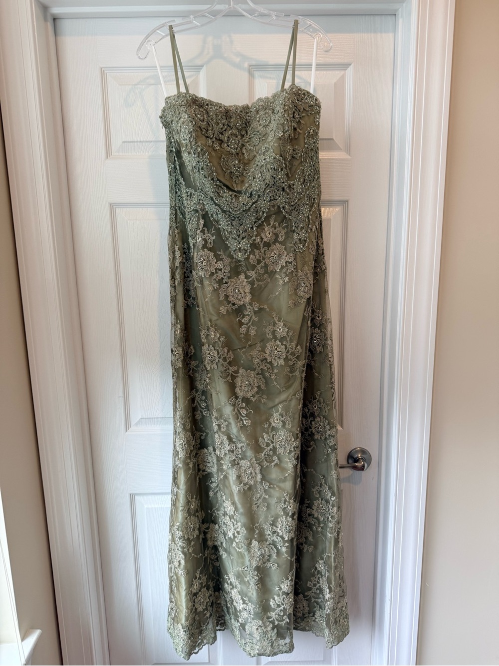 Montage by Mon Cheri Olive Green Strapless Lace Evening Gown Mother of the Bride